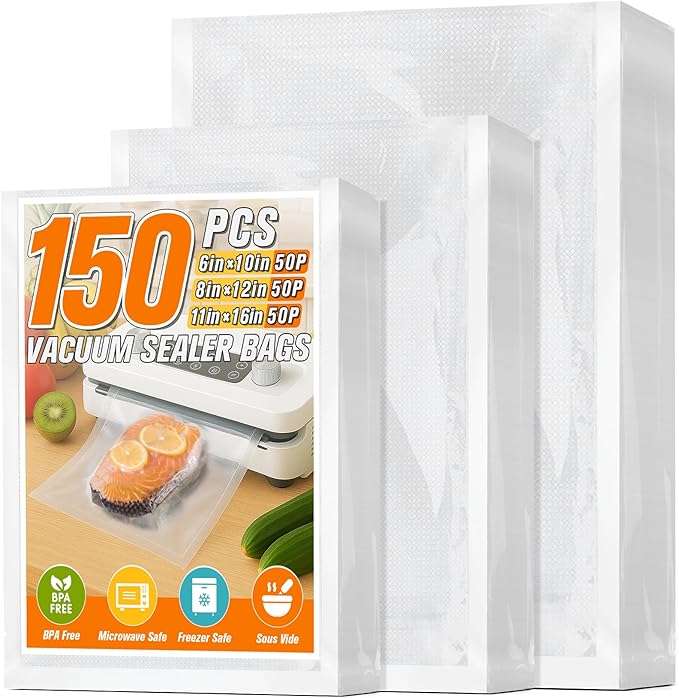 FUNFERY 150 Precut Vacuum Sealer Bags for Food 6"x10"/8"x12"/11"x16" | Mixed Pint, Quart and Gallon, BPA-Free Commercial-Grade Bags for Long-Term Food Storage and Sous Vide