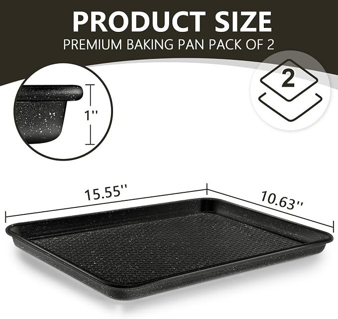 Wildone Baking Sheet Pan Set of 2, Honeycomb Embossed Nonstick Cookie Sheet | Thicker Carbon Steel Jelly Roll Pan Oven Tray 15x10 Inch, Heavy Duty & Easy Clean, Black