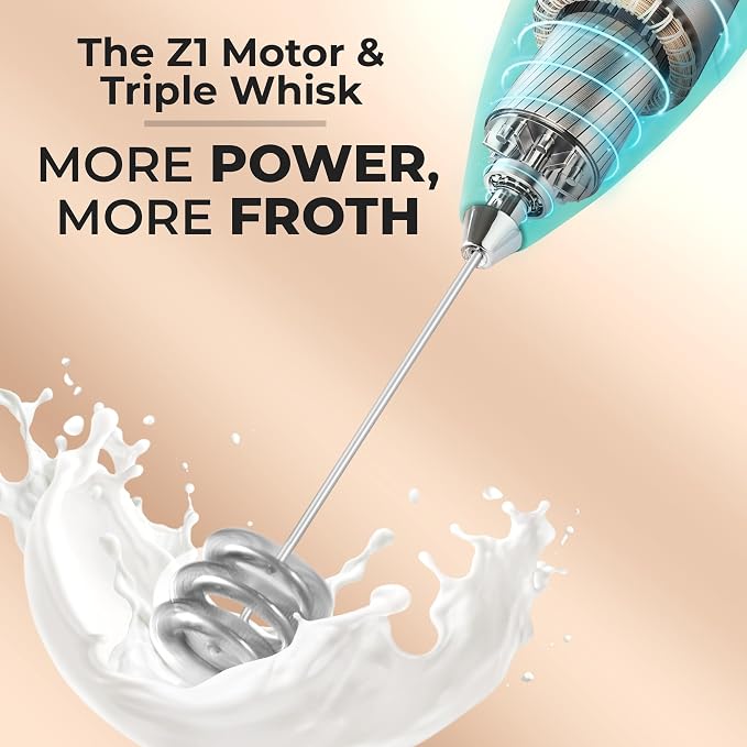 Zulay Kitchen Powerful Milk Frother Wand With Duracell Batteries - Ultra Fast Handheld Drink Mixer - Electric Whisk Foam Maker for Coffee, Lattes, Cappuccino & Matcha - Triple Whisk - Queen Turquoise