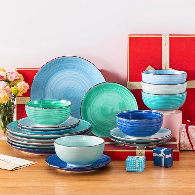 vancasso Bonita Plates and Bowls Set 18 Pieces Blue Stoneware Service for 6 | Modern Round Dinnerware Sets, Hand-Painted Spiral Dishes Set-Microwave and Dishwasher Safe (Blue,18 Pcs)