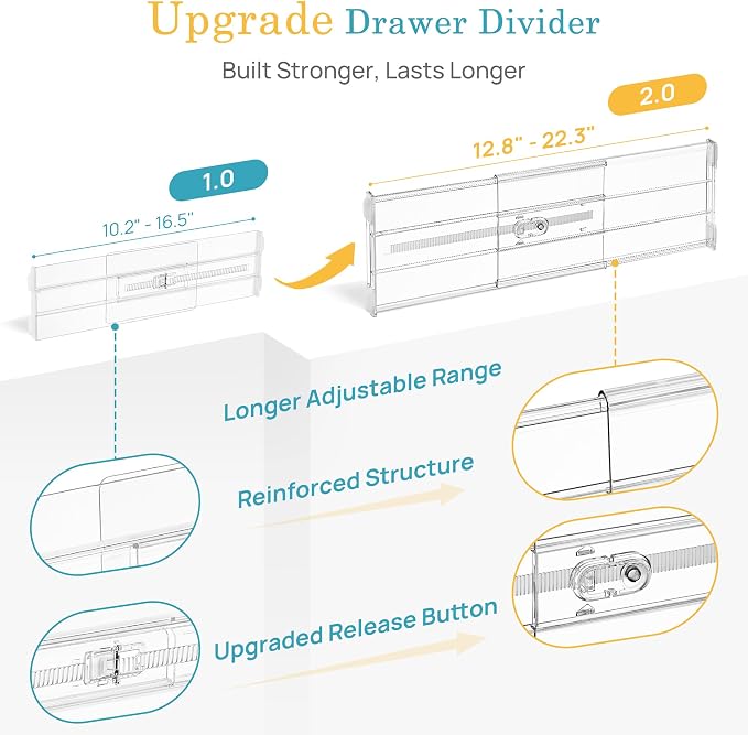 Vtopmart 6" Tall Upgrade Drawer Dividers, 12.8"-22.3" Expandable, 8 Pack | Deep Drawer Organizer, Big Drawer Separator, Clear plastic Adjustable Storage Divider for Dresser, Baby Supplies, Kitchenware