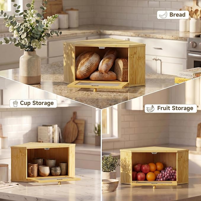 Corner Bread Box For Kitchen Countertop,Bread Storage Bin (Natural, Medium) | Small Bamboo Bread Container,Corner Shelf For Kitchen Decor