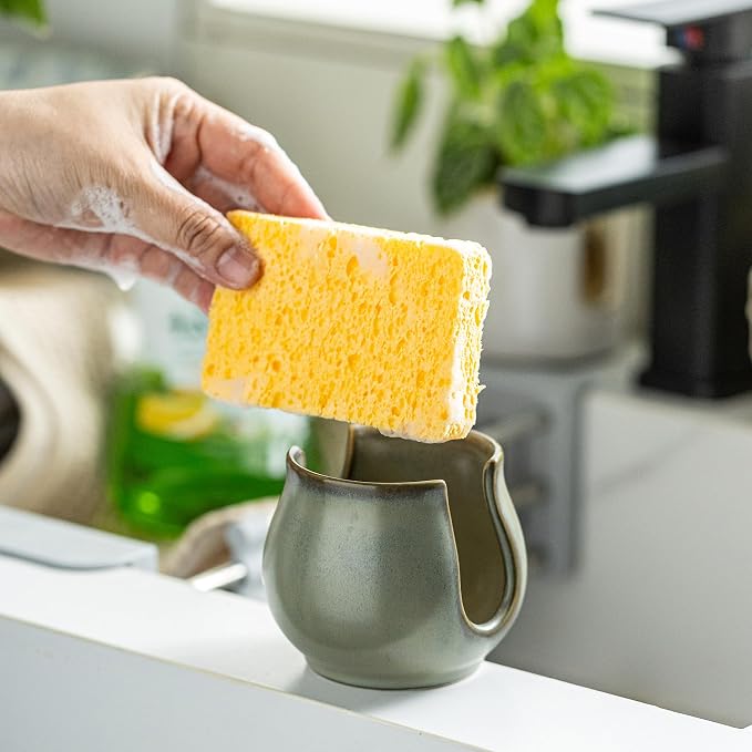 Zoeeker Sponge Holder for Kitchen Sink, Ceramic Dish Sponge Caddy Drying Rack Farmhouse Brush Holder Scrubby Organizer for Bathroom, Kitchen, Dark Green
