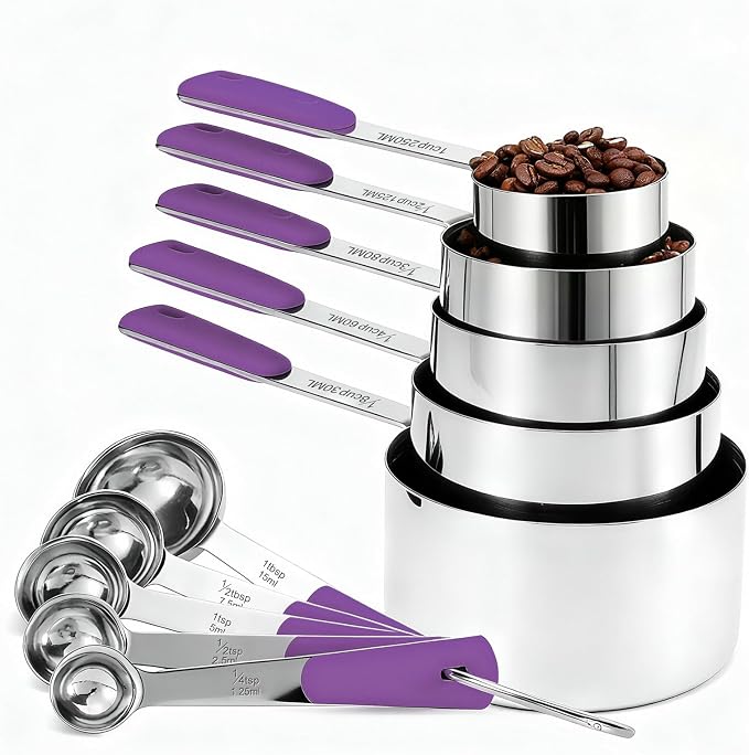 Bopei Measuring Cups and Spoons Set Stainless Steel 10 Piece for Cooking and Baking (5 Cups + 5 Spoons, Purple Handle)