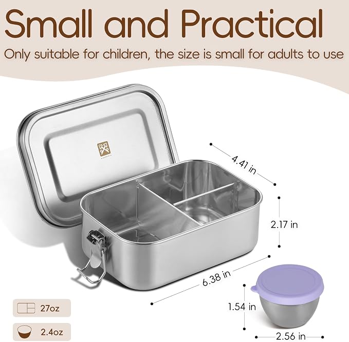 GOLDEN KEY 27oz Stainless Steel Lunch Box for Kids,Small Capacity Stainless Steel Lunch Box with Leakproof Condiment Container,3 Compartment Snack Containers,Freezer & Dishwasher Safe (Purple)