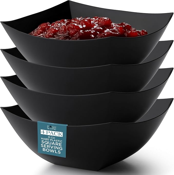 4 Pack Disposable Black Plastic Serving Bowls Square Party Candy Use 8oz | Square Design. Disposable Party Tableware. Salad, Fruit & Candy Use. Candy Buffet Containers. Black Plastic.