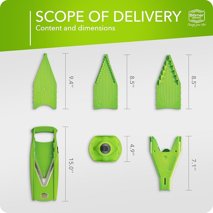 Börner Mandoline Slicer V5 (Starter Set) • Vegetable V-Slicer for Slices, Sticks & Dices in Various Sizes • With Stainless Steel V-Blade • Adjustable Kitchen Slicer • Color: Green