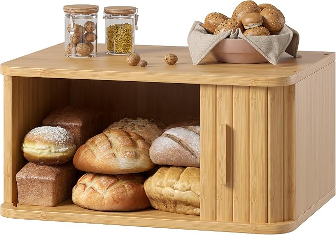 WOWLIVE Roll Top Bread Box for Kitchen Countertop, Bamboo Bread Storage | Airtight Bread Containers, Large Bread Bin with Sliding Door for Loaves, Bagels, Countertop Storage Cabinet, Natural, Medium