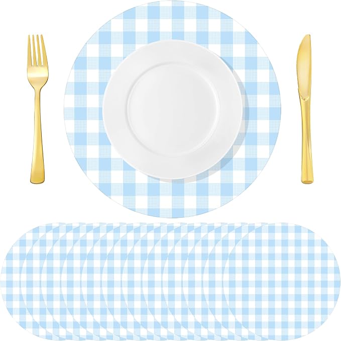 Funnymoom 60 Pcs Blue and White Gingham Disposable Paper Placemats Round Table Place Mat Summer Checkered Decorative Paper for Baby Shower Wedding Birthday Party Dinner Table Decor