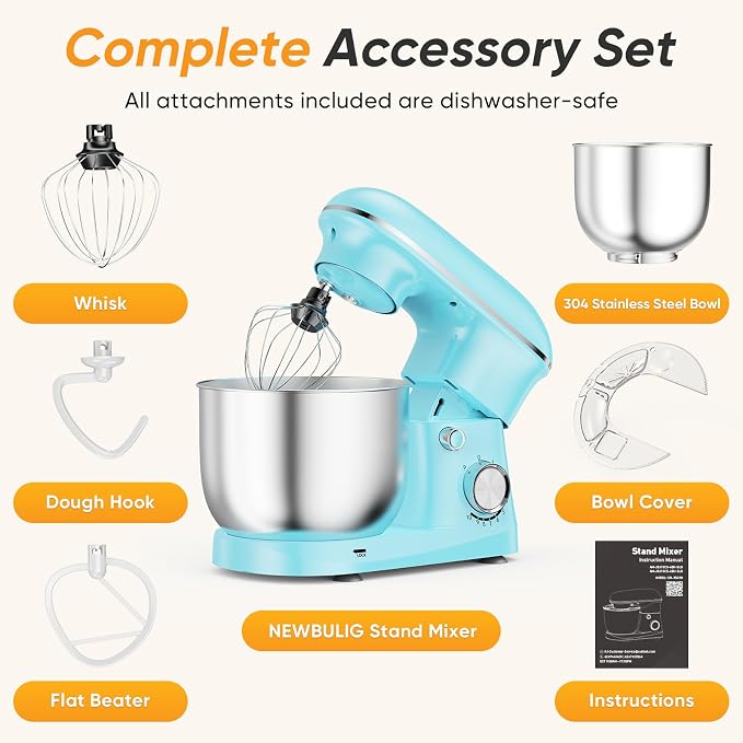 NEWBULIG Stand Mixer 6.3QT, Kitchen Electric Mixers Alternative | 10-Speed Dough Hook, Whisk, Beater & Splash Lid, Multi-Cover for Baking, Cakes and Home Cooking Needs
