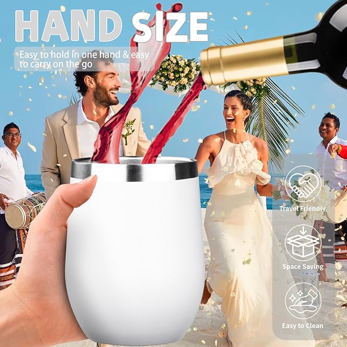 12oz/4 Pack Stainless Steel Wine Tumbler with Lid and Straw, Double Wall Vacuum Insulated Wine Tumbler Glasses, Stemless Travel Mugs for Hot and Cold Drinks, Coffee, Wine, Cocktails (White)