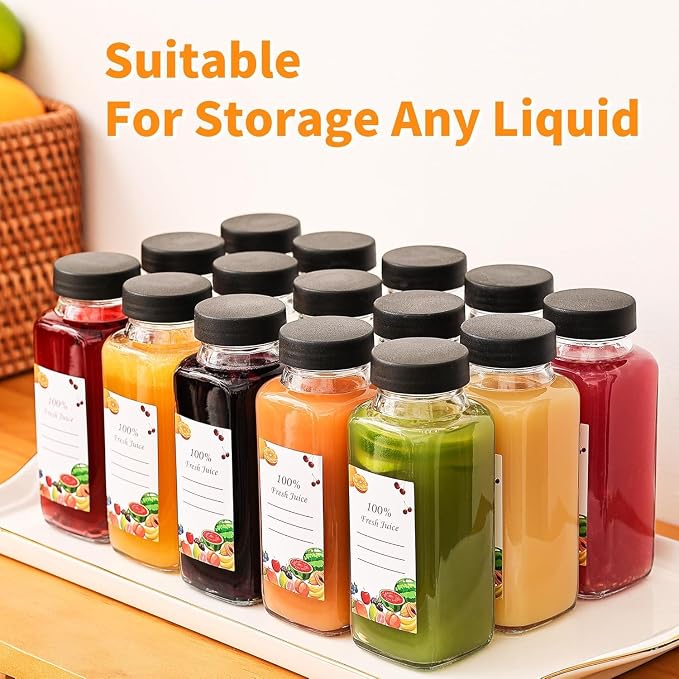 3 Pack 8 oz/250mL Glass Juice Bottles with Lids & Labels, Reusable Travel Juice Storage Containers, Clear Glass Drink Jars for Juicing, Water, Ginger, Wellness Shots - Leakproof, Dishwasher Safe