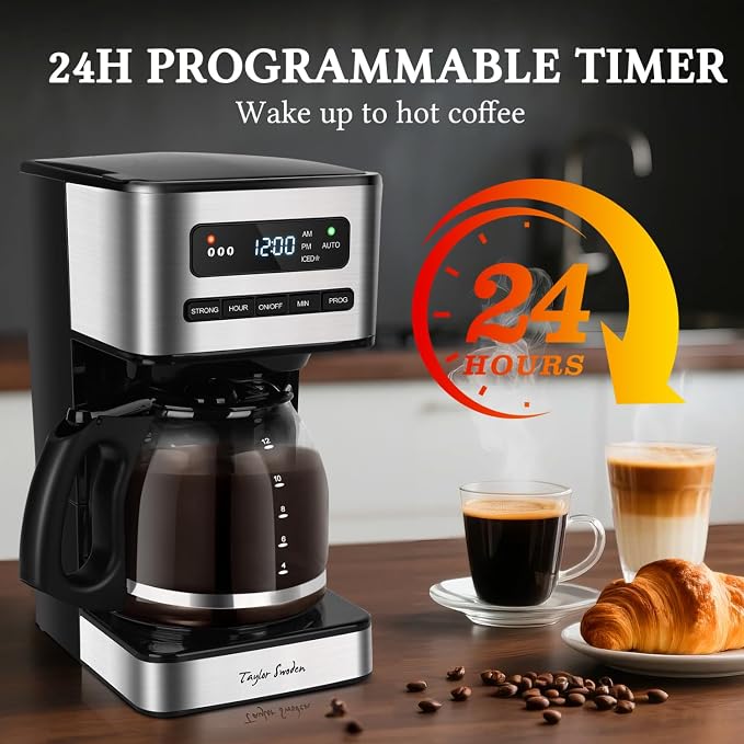 Taylor Swoden Programmable Coffee Makers 12 Cup, Black &Stainless Steel | Hot and Iced Coffee Maker, 4 Brew Strength, LED Display, 24H Timer, Keep Warm&Auto Shutoff- Drip Coffee Machine for Home