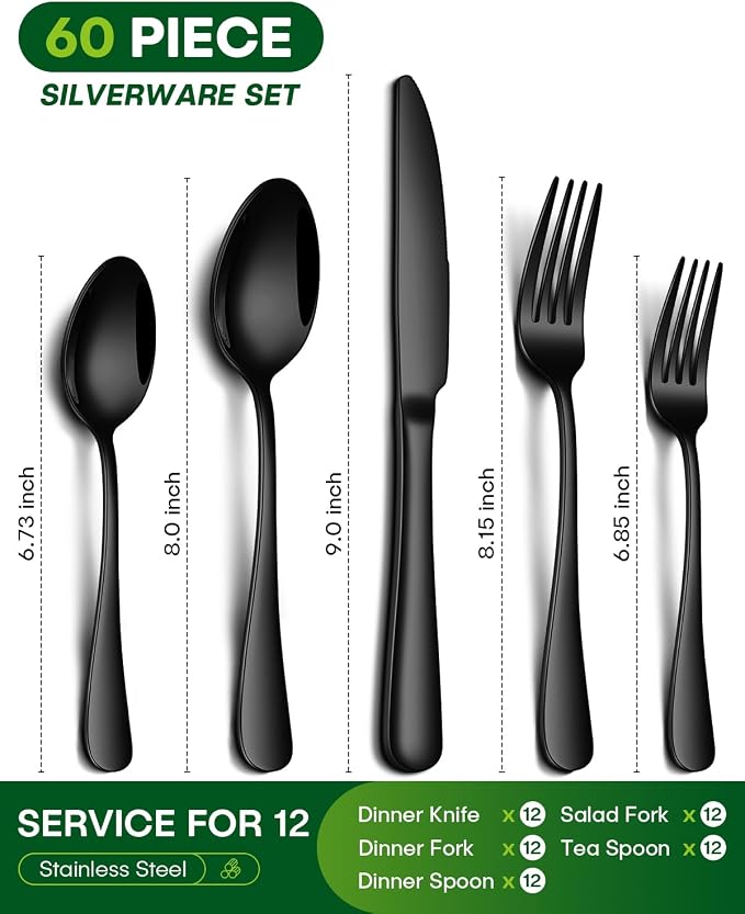 PHILIPALA 60 Piece Black Silverware Set, Stainless Steel Flatware Set for 12 Food Grade Cutlery Utensil Set Include Knife Fork Spoon Mirror Polished Dishwasher Safe