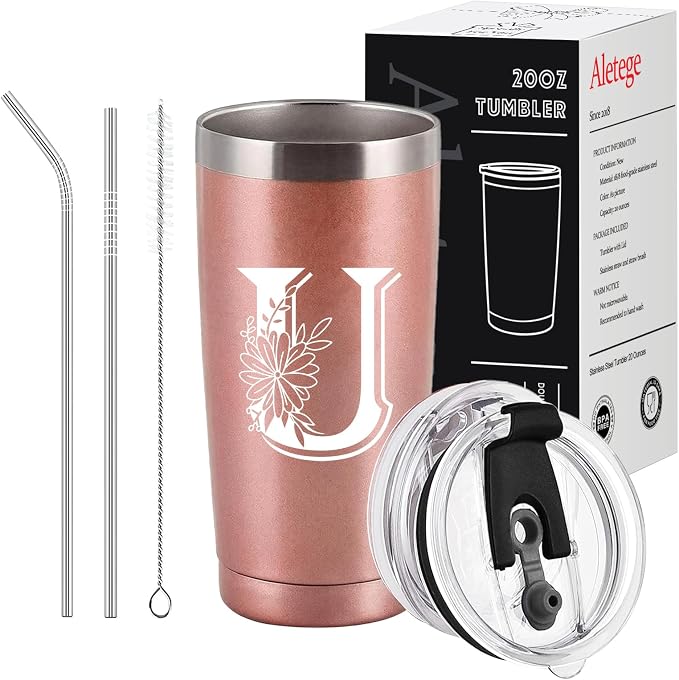 Letter U Insulated Travel Cup with Lid, Personalized Initial Mugs for Women, Letter U Gift Coffee Mugs for Women, Wife, Mom, Grandma, Bridal Shower Gifts, 20 OZ Rose Gold Two Lids