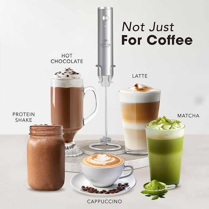 Zulay Kitchen Rechargeable Milk Frother Handheld - Frother Wand, Drink Mixer, Electric Whisk Frother, for Cappuccinos, Matcha & Protein Powder - Lux 4 Whisk 2 Speed Waterproof 2000mAh Silver