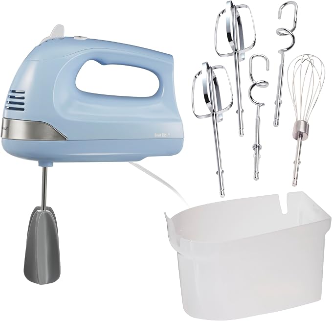 Hamilton Beach 6-Speed Electric Hand Mixer With Easy Clean Beaters | Traditional Beaters | Dough Hooks | Whisk | Snap-On Storage Case | 275 Watt Motor | Blue | 62677J