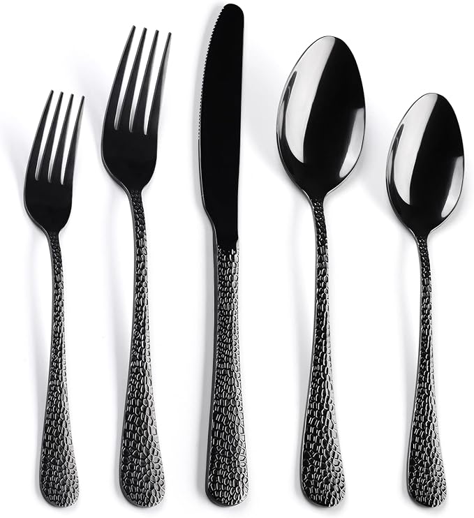 40 Piece Forged Black Flatware Set for 8 SANLUNS Stainless Steel Heavy Hammered Silverware Fine Dining Utensils Tableware Unique Cutlery Knives Forks Spoons,Reusable Holiday Gifts Mirror Dishwasher