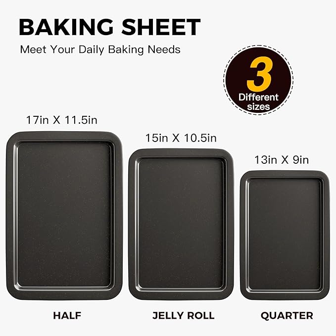 Ceramic Baking Sheet Pan Set of 3, Easy to Grab, Non-Toxic | Commercial Cookie Sheets for Oven, Nonstick Half/Jelly Roll/Quarter Baking Tray,Wider Gribs, Premium,Easy to Clean- Dark Grey
