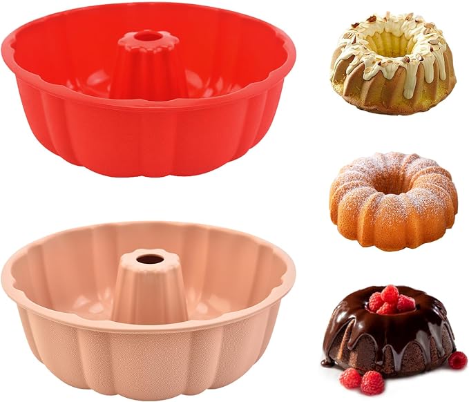 2 Pack Silicone Cake Pan,Jello Moldes Para Gelatinas，10 Inch,Red+Pink | Nonstick,Cake Pans，moldes para gelatinas，Pound Cake Pan, Baking For Jello, Gelatin, Cake, Brownie and Bread