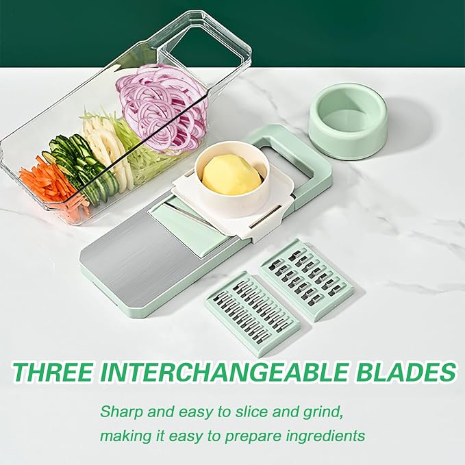 Mandoline Slicer, Vegetable Cutter with 3 Stainless Steel Blades | Hand Guard Veggie Chopper with Container & Lid, Multifunctional Kitchen Dicer for Onion, Potato, Carrot & Fruit