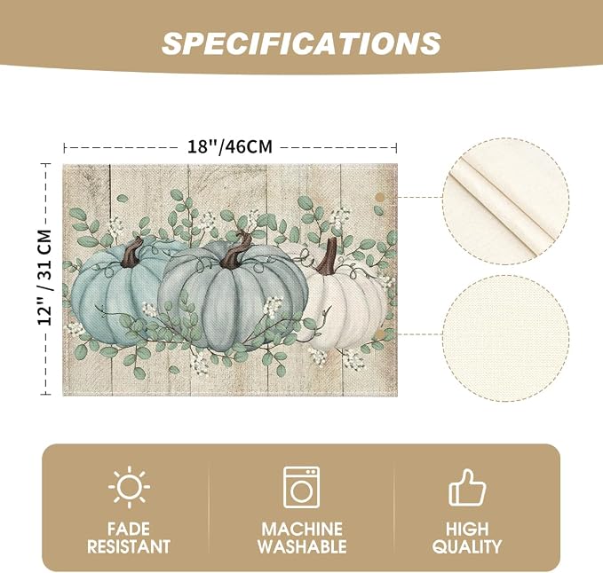 Artoid Mode Wood Pumpkins Leaves Fall Placemats Set of 4-12 x 18 Inch | Heat-Resistant Table Mats, Washable Seasonal Autumn Kitchen Dining Decor