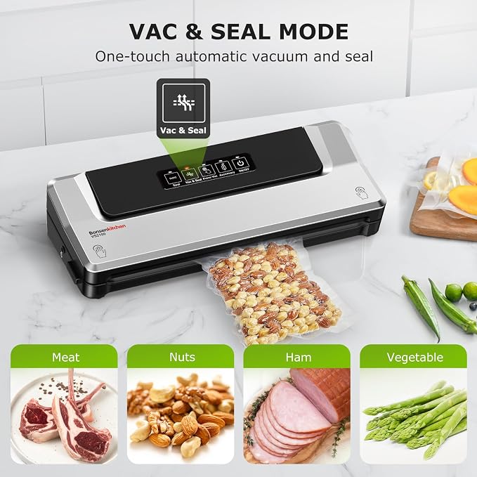 Bonsenkitchen Vacuum Sealer Machine, Multiple Modes For Meal Prep,Silver | Compact Vacuum Sealer for Kitchen Storage & Sous-Vide,External Vacuum System,6x Longer Freshness,5 Vacuum Bags