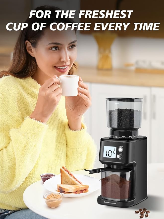 Homtone Conical Burr Espresso Coffee Grinder, 51 Precise Settings, Electric Mill with Portafilter Holder, 2-12 Cups Adjustable, Anti-static, Stainless Steel, 120V