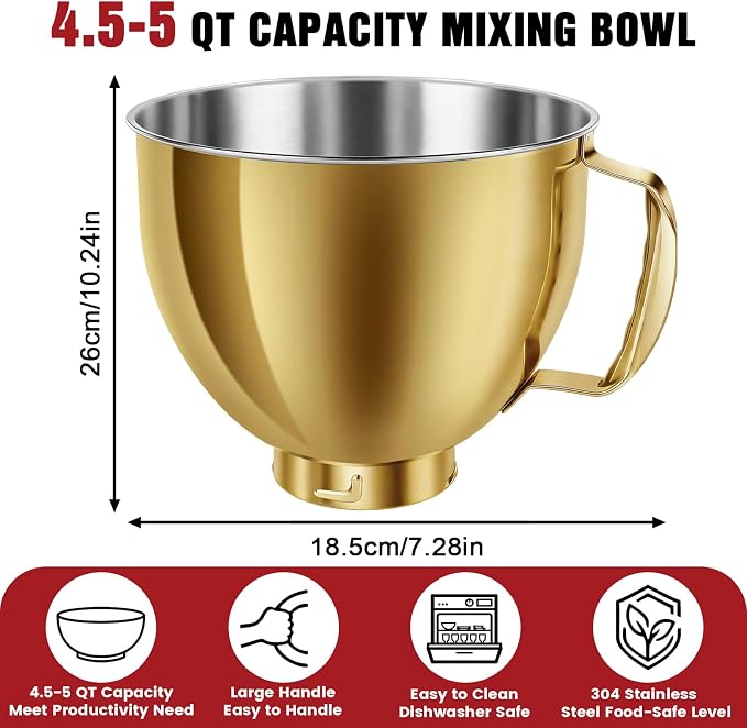 KITOART 5QT Stainless Steel Mixer Bowl with Handle for KitchenAid Gold | Mixer Bowl Compatible with KitchenAid 4.5-5 QT Artisan Tilt-Head Stand Mixers, Dishwasher Safe, Check Verified Fit Chart.
