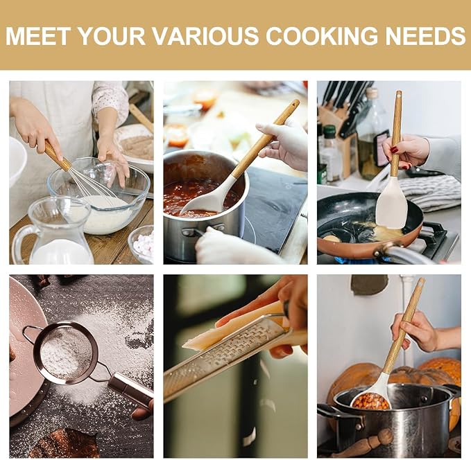 Cooking Utensils Set- 35 PCs Kitchen Utensils with Grater,Tongs, Spoon Spatula &Turner Made of Heat Resistant Food Grade Silicone and Wooden Handles Kitchen Gadgets Tools Set for Cookware