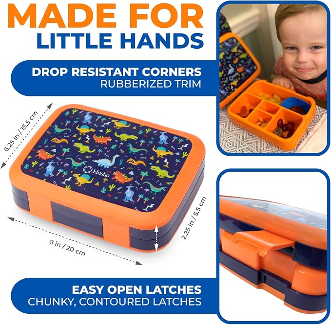 kinsho Kids Bento Lunch Box, Water Bottle, Ice Pack & Bag, Blue Dinosaur | 5 Leakproof Portion Compartments, BPA-Free Removable Tray, Insulated Meal, Snack Container for Toddlers, Pre-School & Daycare