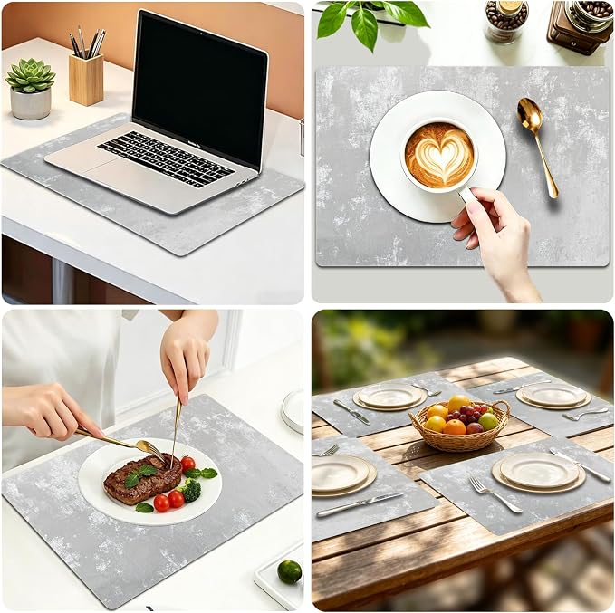 Faux Leather Placemats Set of 4, 11.8"x17.7", Silver-Gray | Reversible Table Mats, Waterproof, Stain & Heat Resistant, Easy Clean for Dining, Gatherings, Outdoor