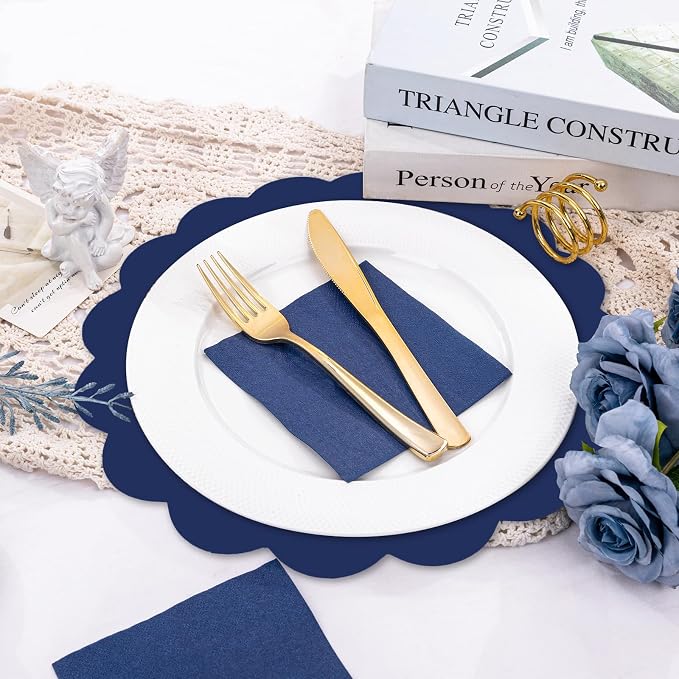 50 Pcs Navy Blue Paper Placemats Disposable, 13.5 Inch Blue Disposable Scalloped Placemat Decorative Placemats for Birthday Wedding Baby Shower Banquet Tea Party
