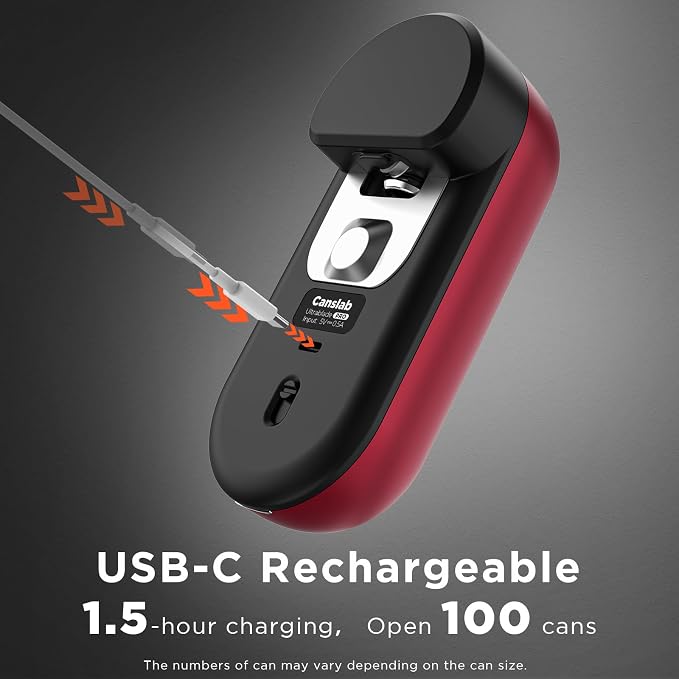 Canslab Turbo Rechargeable Electric Can Opener, LED Battery Life Display | Smart Auto Stop Can Opener for Seniors, Safe Touchable Smooth Edge, One Touch Hands-free Operation, Wall-mountable, Red