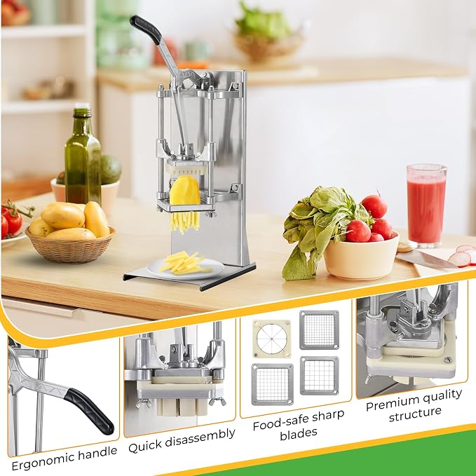 4-in-1 Commercial French Fry Cutter, 4-Blade Vegetable Chopper | 1/2", 3/8", 1/4" & 8-wedge blades, stainless steel, extended handle, stable base, wall or tabletop mount, easy-clean parts