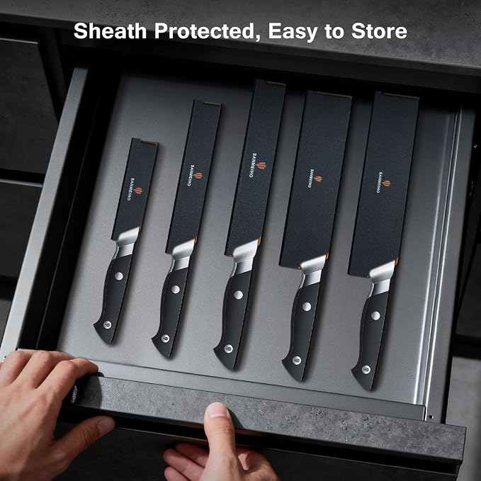 10 PCS Japanese Kitchen Knife Set, Dishwasher Safe | 5 Layers High Carbon 9Cr18Mov Stainless Steel, Ultra-Sharp Professional Chef Cooking Knife with Knife Sheath