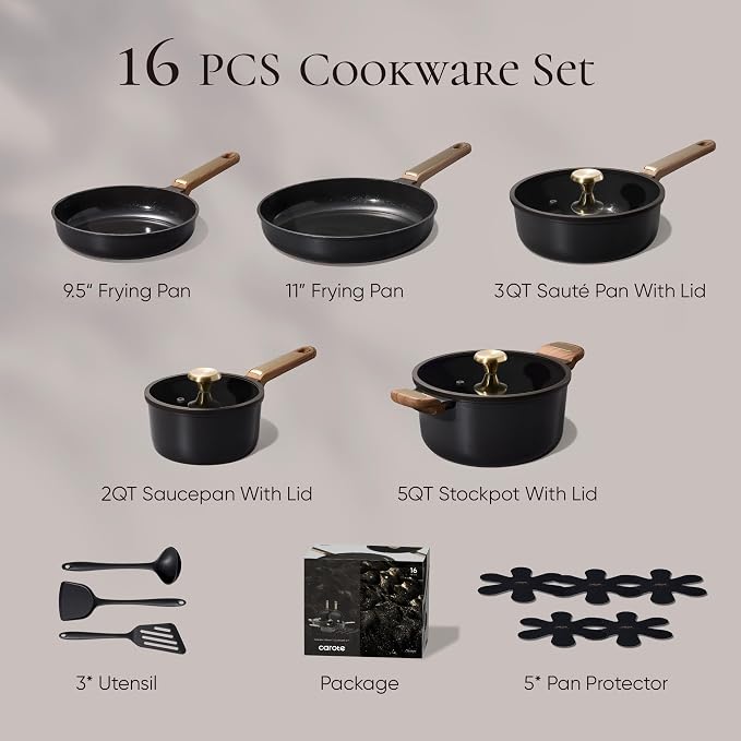 CAROTE Ceramic Cookware Sets, Pots and Pans Set, 16pcs | Non-Toxic Induction Cooking Set with Silicone Lids, Dishwasher Safe, Space Saving, Stay-Cool Handle, PFAS FREE