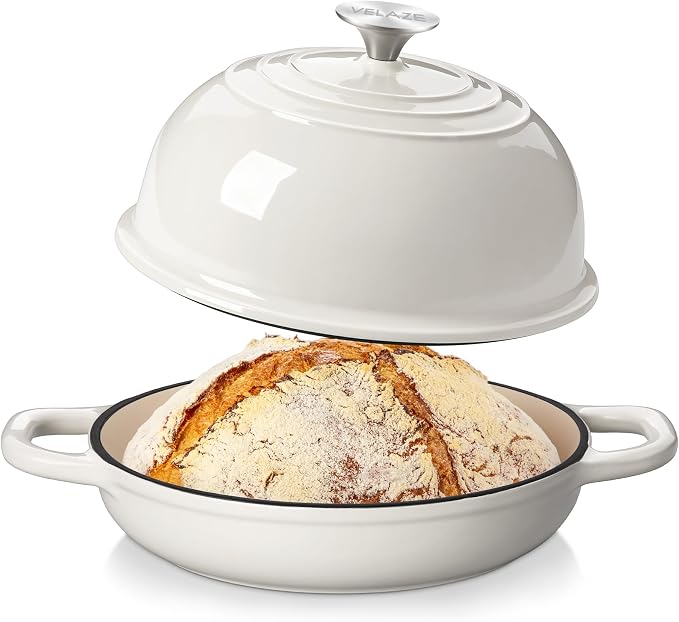Velaze 5 QT Enameled Cast Iron Dutch Oven for Bread Baking with Dome Lid | Traps Steam for Crispy Artisan Sourdough Bread,Oven Safe,Ergonomic Handles,Gift for Bakers and Bakery Style Loaves,White