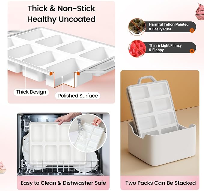 SJ 2 Pack Gray 8-Cavity Mini Silicone Loaf Pans, BPA-Free Reinforced | Gray 8-Cavity Baking Set Uses Durable Silicone, Reinforced Edge Resists Warping For Easy Snack Release And Gift Treats
