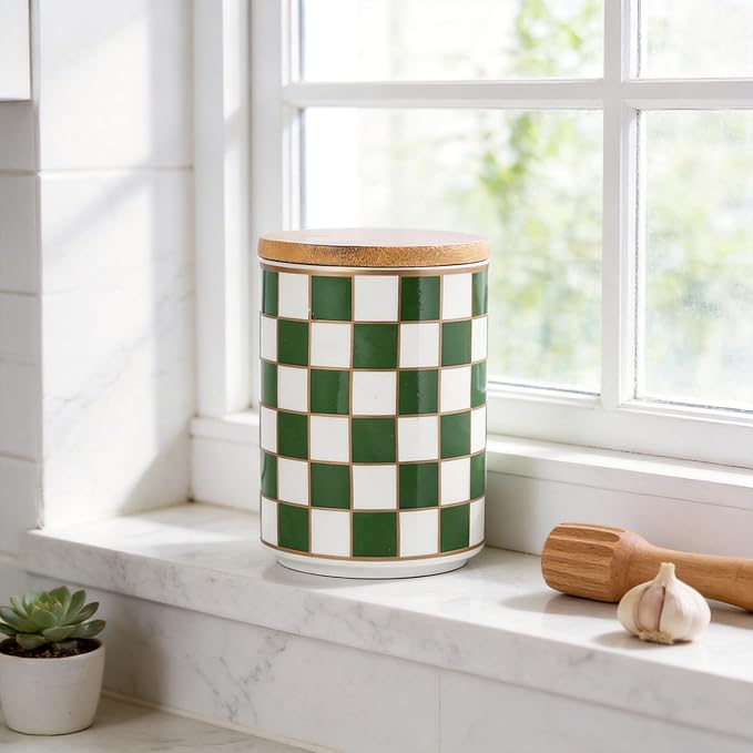 Kitchen Countertop Ceramic Checkered Canisters,Black And White Food Storage Containers With Lid,Airtight Kitchen Canisters for Flour, Sugar, Coffee, Tea, and Dry Goods (Green, Small)
