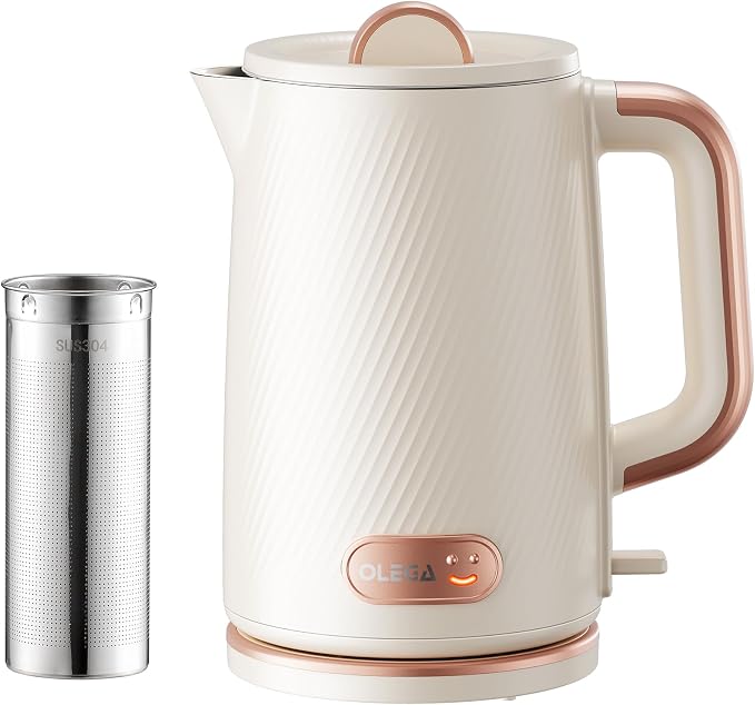 OLEGA Electric Kettle: 1200W Fast Boil Tea Kettles with Tea Infuser 1.5L | Stainless Steel Kettle; Electric Water Kettle with Strainer; Plastic Free Teapot; Auto Shut-Off Water Boiler