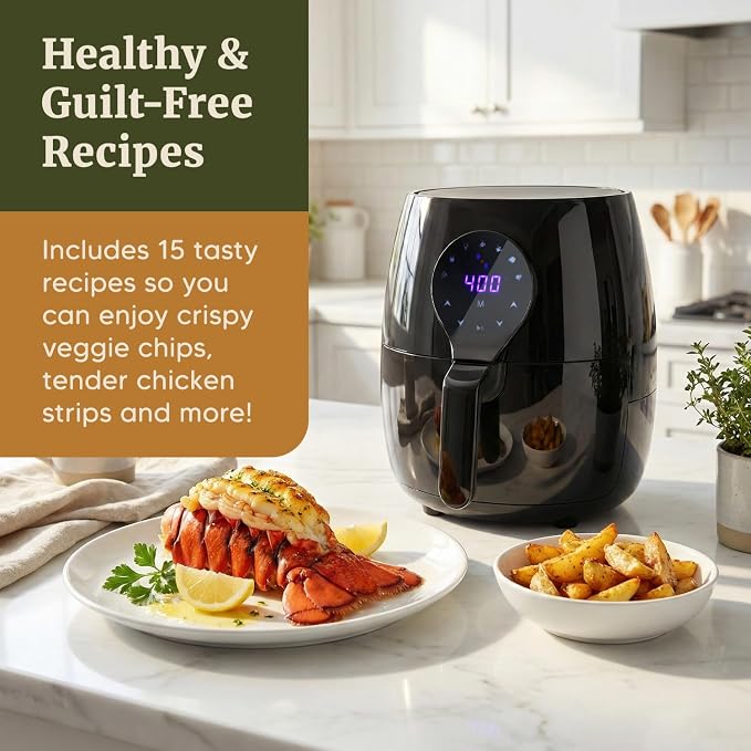 Elite Gourmet EAF5317D 5.3Qt Air Fryer, PFOA/PTFE Free, 1350W, Black | Digital, 7 Menu Functions, Oil-Less Healthy Hot-Air Cooking, Timer & Temperature Controls
