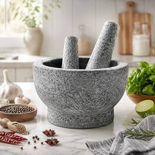 8 Inch Large Capacity Mortar and Pestle Set - One Mortar and Two Pestels - Natural 5 Cups Unpolished Heavy Granite for Apothecary Kitchen