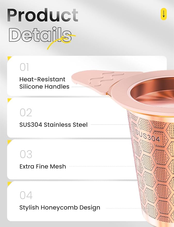 Tea Infuser for Loose Leaf Tea,Stainless Steel Tea Strainer with Silicone Handles,Extra Fine Mesh Tea Strainers for Loose Tea Filter Fine Tea Leaves Effectively,Fits TeaPots/Mugs (Rose gold)