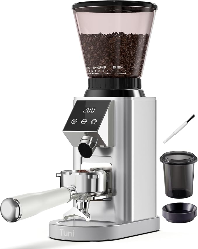 Tuni G1 Conical Burr Coffee Grinder with 48 Grind Settings, Silver | Anti-static Burr Espresso Mill, Electronic Timer and LED Touchscreen for Drip/Cold Brew/French Press, Stainless Steel