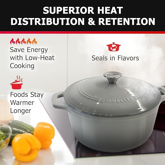 MUELLER HOME 4.5 QT Enameled Cast Iron Dutch Oven, Heavy-Duty Casserole Dish and Braiser Pan with Lid and Stainless Knob, Oven-Safe up to 500° F & Across All Cooktops, Grey | Heavy-Duty Casserole Dish and Braiser Pan, With Lid and Stainless Knob, Oven-...