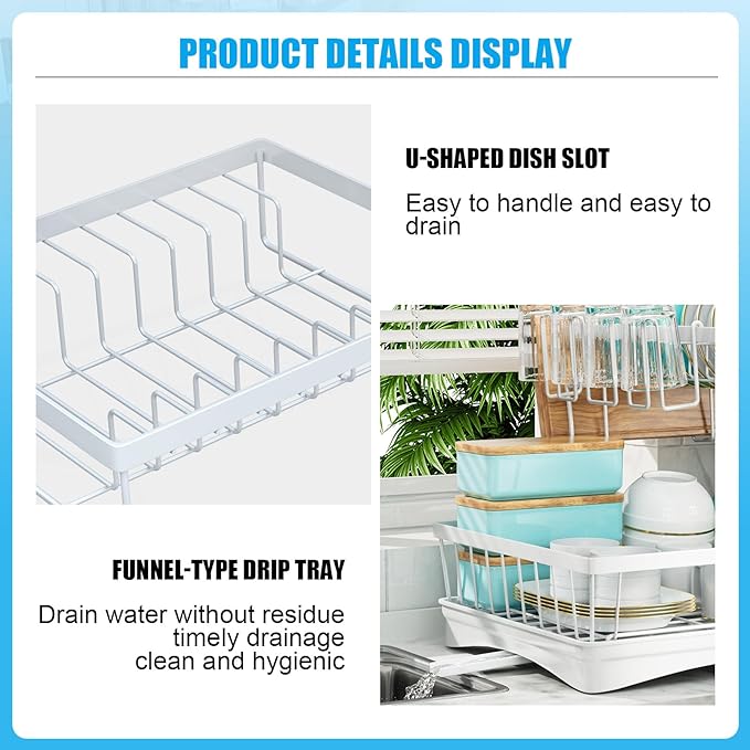7 code 2-Tier Large Dish Drying Rack for Kitchen Counter, White | Detachable Large Capacity Dish Drainer Organizer with Auto Drain, Anti-Rust Dish Rack with Cup & Utensil Holders
