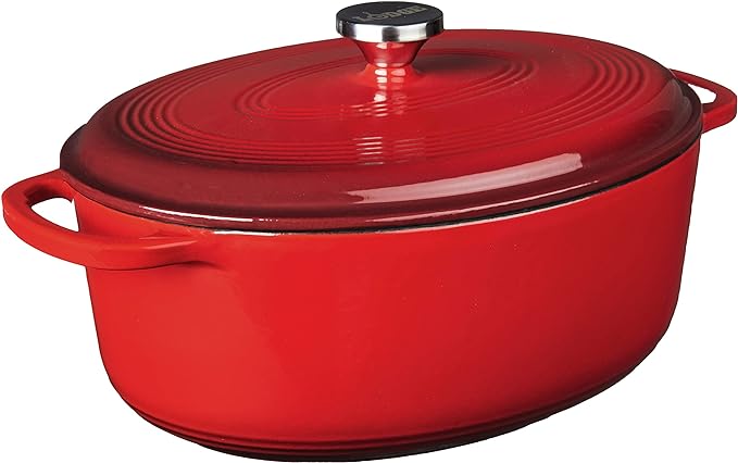 Lodge Oval Dutch Oven - Enameled Cast Iron Oval Dutch Oven with Lid - Family Size Cooking Pot with Dual Handles for Sourdough Bread Baking & Everyday Cooking - 7 Quart - Red