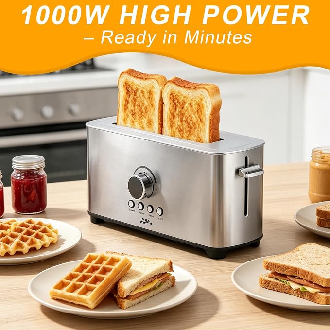 2 Slice Toaster, Long Slot Stainless Steel, 7 Browning Settings | Reheat, Defrost, Cancel, Removable crumb tray, compact design, bagel & thick bread compatible, overheat protection