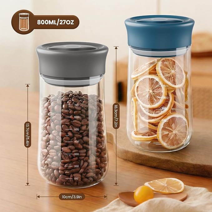 Airtight Glass Storage Jar 27 oz, Easy Open 1/4-Turn Lid Coffee Container | Easy-Open Quarter-Turn Lid, Airtight, Food Grade, Transparency, with Scale